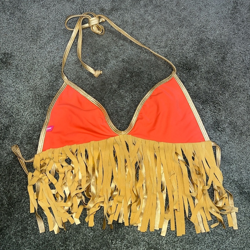 ORANGE PINK AND GOLD RUFFLE TASSLE BIKINI SWIMSUIT TOP SZ MEDIUM